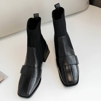 

European elastic hosiery boots new head layer cowhide wool boots size square head thick heel boots