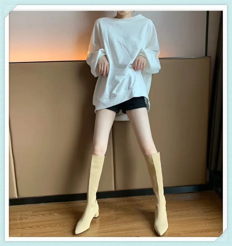 Новинка; Цвет черный, бежевый; вязаные эластичные сапоги до колена; женские осенние сапоги-носки; элегантные женские длинные ботиночки с острым носком на толстом каблуке