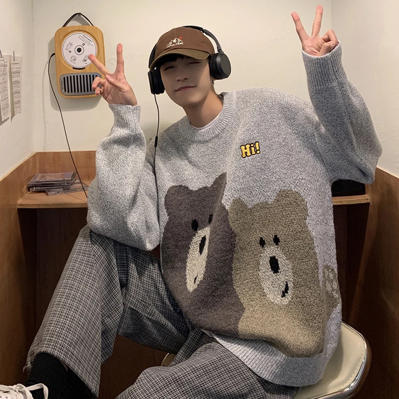 

2021 autumn and winter couple cartoon round neck pullover sweater men