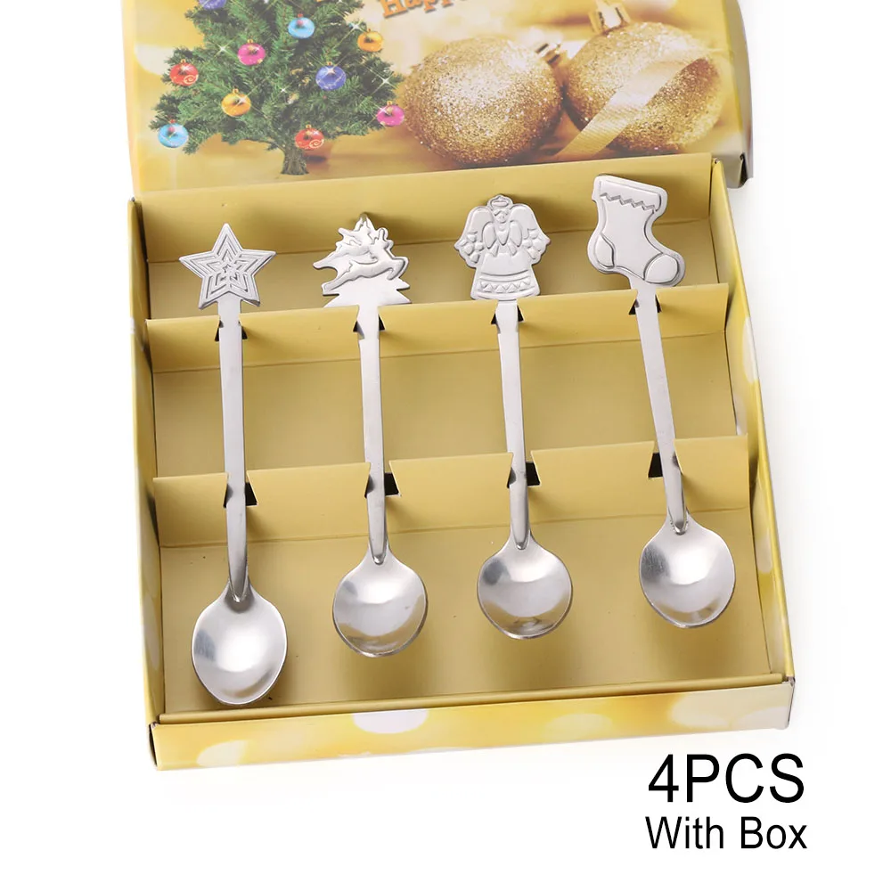 4PCS With Box 4Pcs/Set Stainless Steel Christmas Coffee Spoons Snowman Christmas Tree Kids Tea Scoops Desserts Tableware Kitchen Supplies - Цвет: 4PCS With Box