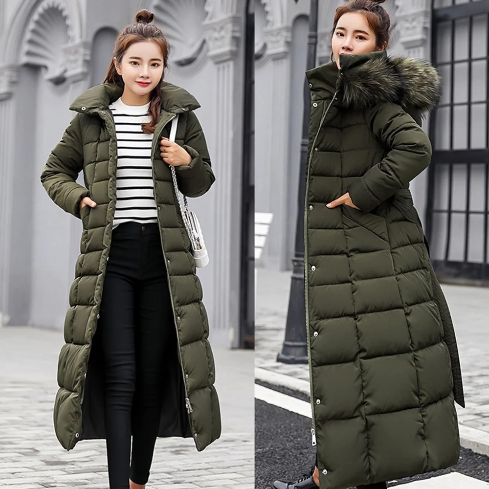 Army Green Модное зимнее пальто, женские куртки, толстые пуховики, большой меховой пояс, с капюшоном, хлопковые длинные пальто, теплая ветровка, женская тонкая верхняя одежда - Цвет: Army Green