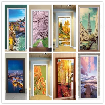 

3D Effect Creative Landscape Scenery Oil Painting Door Sticker Paint Living Room Corridor Pvc Wall Stickers Door Decorative