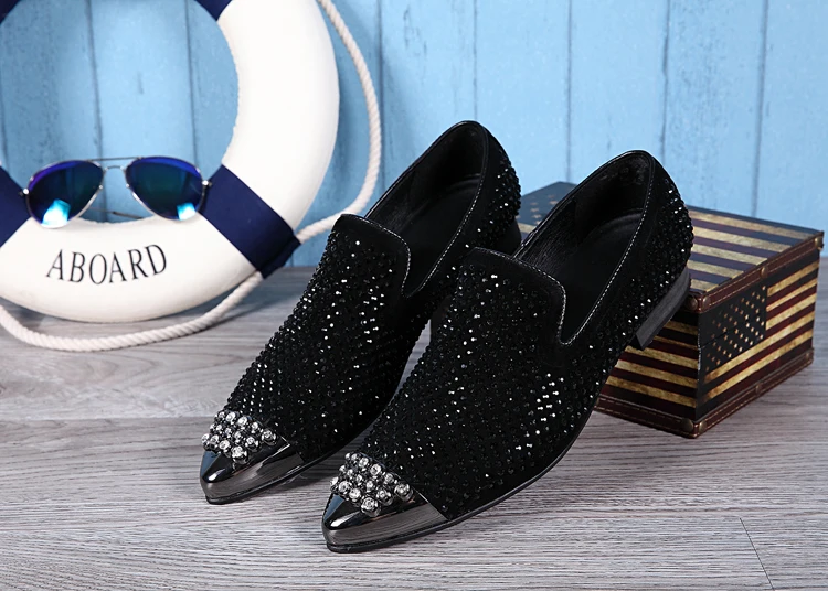 Christia Bella Handmade Large Size Man Pointed Toe Set in Drill Flats Shoes Crystals Black Suede Leather Men Party Loafers Shoes