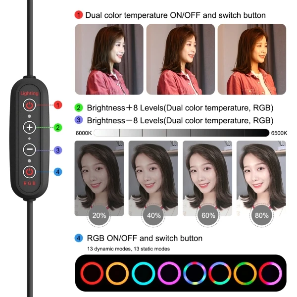 PULUZ 10 inch 26cm LED RGBWW Light+1.1m Tripod Mount 168 Dual-color Temperature Dimmable Ring Light Youtube Vlogging Photography