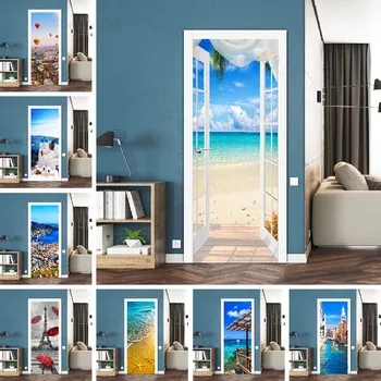

PVC Waterproof Art 3D Print Home Decoration Seascape Palm Tree Romantic City Scenery Decal Self Adhesive Diy Paper Door Sticker
