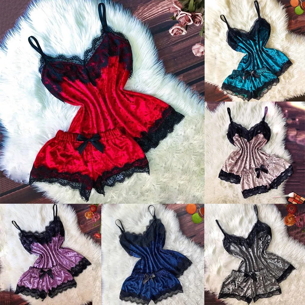 

New Women Sexy Lingerie Camisole Bow Shorts V-Neck Tops Velvet Honeymoon High Quality Pajamas Sleepwear JAYCOSIN Four Season