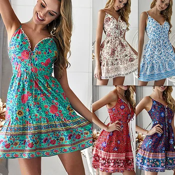

2020 New Boho Beach Dress Summer Sleeveless Evening Party Women Floral Print Spaghetti Strips V Neck Casual Short Dress Vestidos
