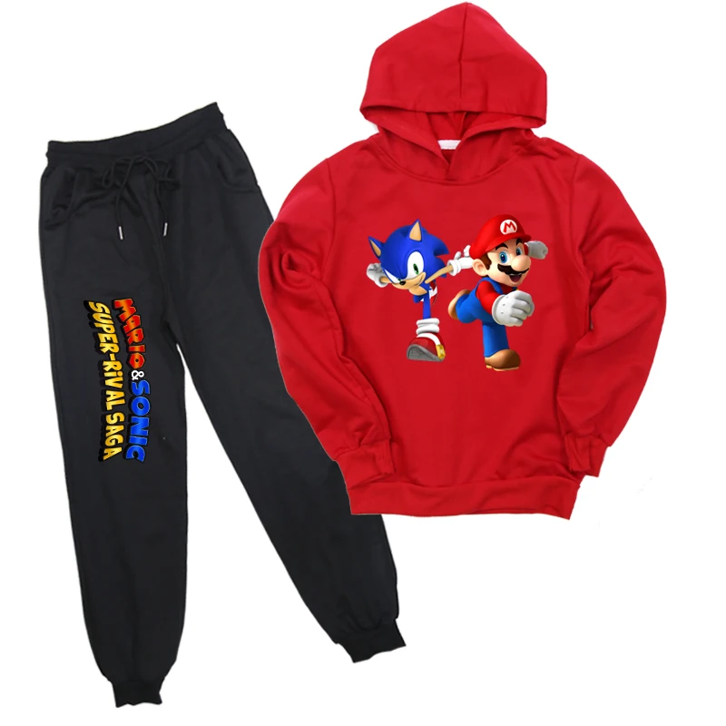 Sonic The Hedgehog Mario 2pcs/Set Children Hoodies Pants Kids Tracksuit Unsex Casual Pullover Sweater And Trousers For 2-14Y - Цвет: Красный