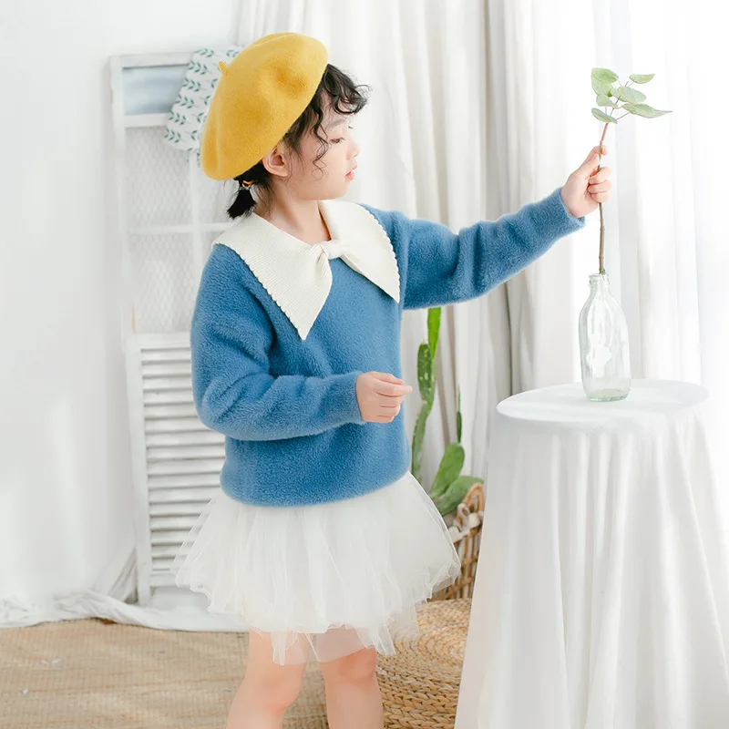 

Baby Pullover Sweater New Style Girls Bottoming Shirts KID'S Jacket Single Layer Mink Cashmere Bow Pullover Knitting Shirt