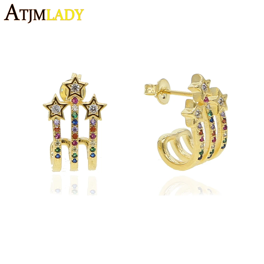 Микро проложить Радуга красочный кубический цирконий многоцветный Цирконий Милая Линия бар со звездой шпильки маленькие минимальное серьги для девочки