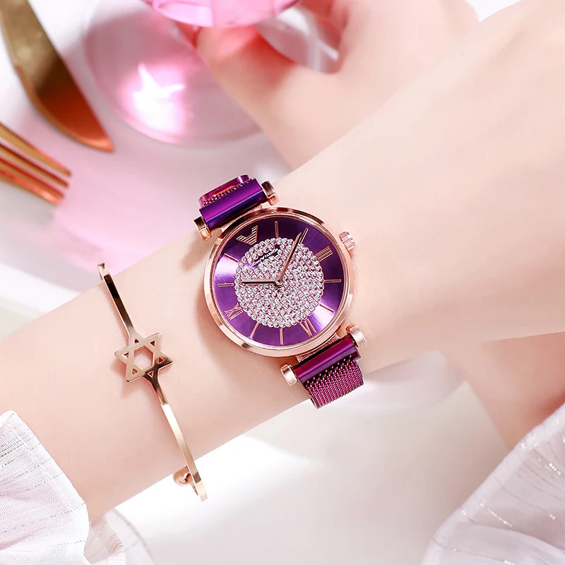 

Luxury Top Band Women Watches Lady Fashion Diamond Starry Sky Quartz Mesh Female Clock Magnet Buckle Geometric Surface Relogio