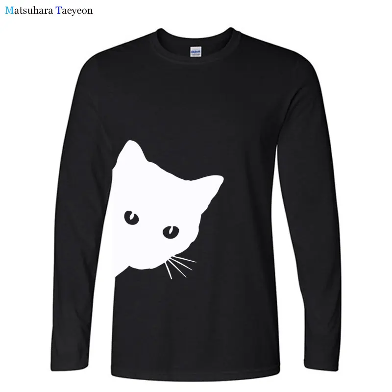 

Cat Looking Out Side Print T-Shirt Full Sleeve Cotton Casual Funny Shirts Men's Tops Cute Cartoon Graphic Tees Autumn New