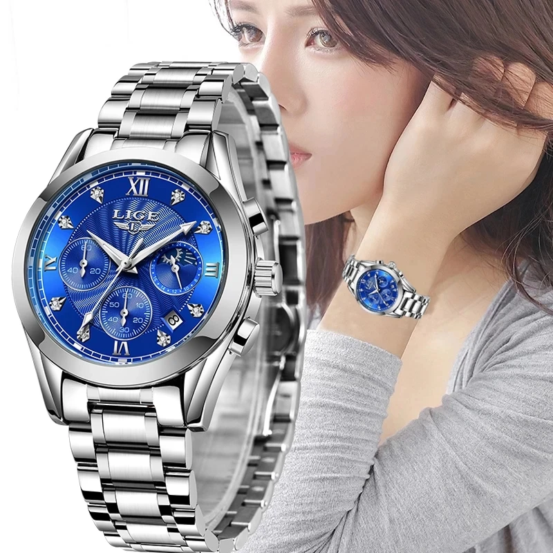 LIGE-reloj dorado creativo para mujer, cronógrafo de lujo, de acero, informal, resistente al agua, 2022