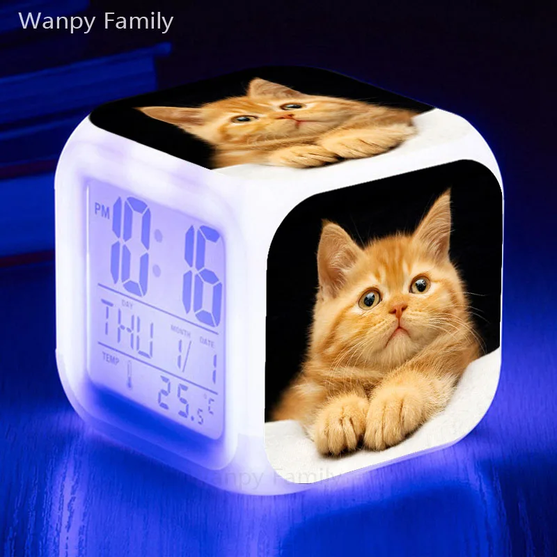 Very Cute Pet Cat Alarm Clock Kids Room 7 Color Changing Glowing Led