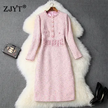 

2019 Autumn Winter Fashion Designers Runway Dress Woman Clothes Elegant Full Sleeve Luxury Diamonds Slim Pink Tweed Woolen Dress