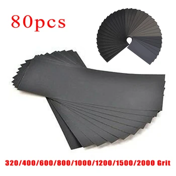 

80pcs Car Sandpaper Wet Or Dry 9 X 3.6 Inch 320/400/600/800/1000/1200/1500/2000 Grit Black Silicon Carbide