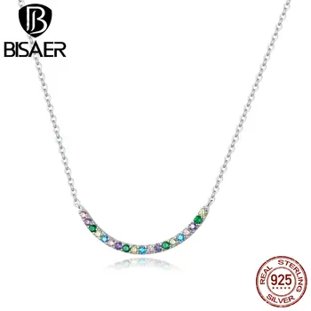 

BISAER 925 Sterling Silver Necklace Geometric 45cm Adjustable Chain Colorful Zircon Chain Link For Women Rainbow Fine Jewelry