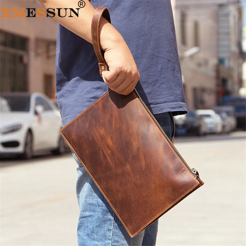 XMESSUN New Retro Cowhide Envelope Clutch Bag Design Genuine Leather Wrist  Bag Fashion Cowhide Pouch Shoulder Messenger Bag INS