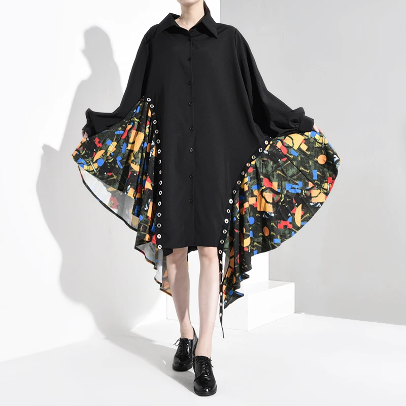 [EAM] Women Black Print Asymmetrical Big Size Shirt Dress New Lapel Long Sleeve Loose Fit Fashion Spring Autumn 1B060