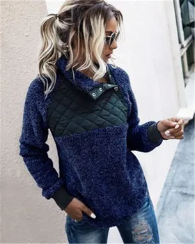 

Womens fashion Patchwork Soft Plush Sweatshirt Autumn Winter Stand Collar Fluffy Fleece Pullovers Patchwork Warm Coat Mujer