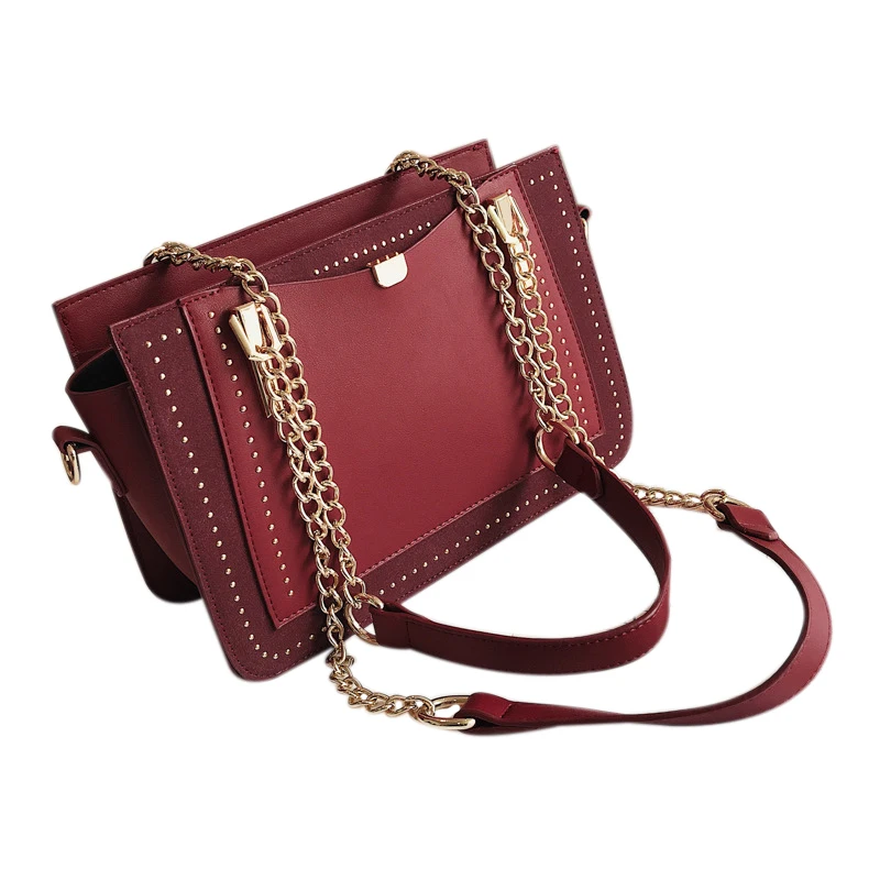 

Rivet Handbag Women'S Bag Metal Chain Tote Bag Casual Pu Leather Crossbody Bag Red