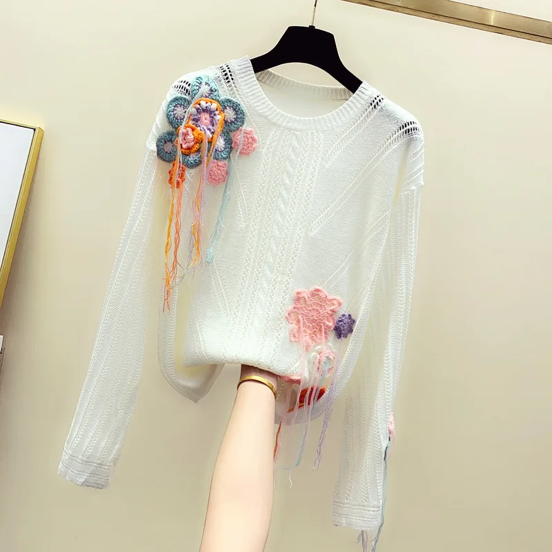 Осенне-зимний вязаный свитер, Женский Свободный Топ с крючками, с цветком, с роговыми рукавами, трикотаж, Женский пуловер, свитер, джемпер с цветами