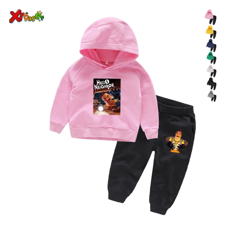 Комплект одежды из 2 предметов для маленьких девочек детский комплект одежды с надписью «Hello neighor», пальто с капюшоном и длинными рукавами и штаны, комплект одежды, От 2 до 7 лет - Цвет: Kids Clothes Set