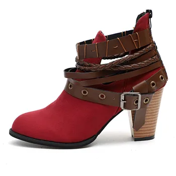 

Autumn Women's Boots Fashion Women High Heels Shoes Woman Rivet Buckle Bota Feminina PU Leather Ankle Boots Women Shoes XKD2060