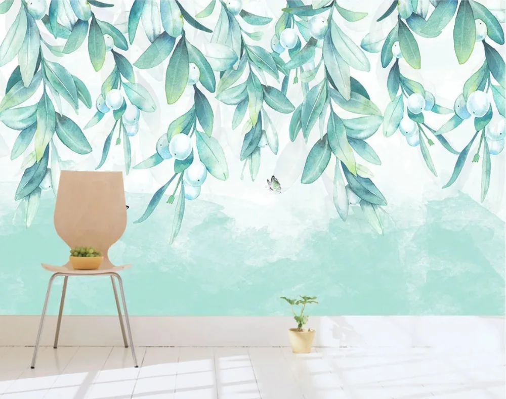 Обои на заказ, Европейский современный минималистичный свежий зеленый Растительный фон, зеленое декоративное растение, Фреска, papel de parede