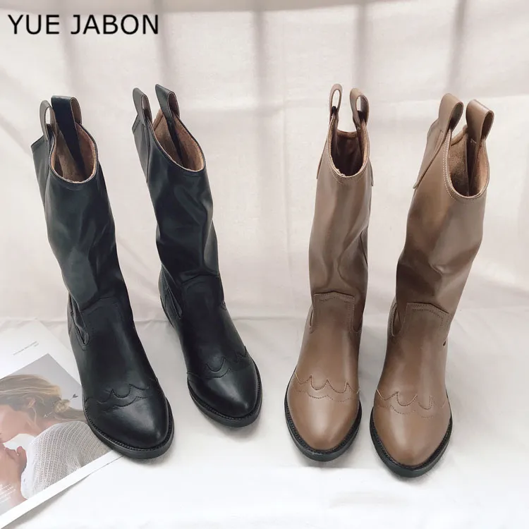

Western Boots Pointed Toe Boots Women High Heel Mid-Calf Bota Feminina Woman Fashion Wild Retro Waterproof Motorcycle Boots