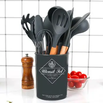 

11Pcs/Set Silicone Kitchenware Non-Stick Cooking Utensils Wooden Handle Spoon Shovel With Bucket High Temperature Resistance