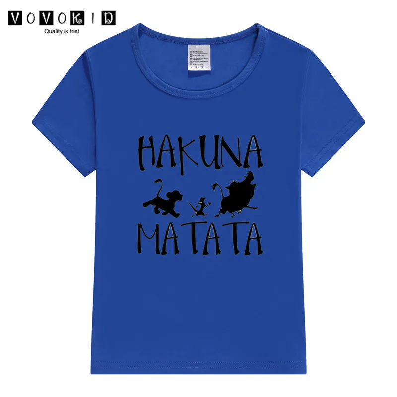 Забавная футболка с героями мультфильмов для маленьких девочек и мальчиков, хакуна матата Детская летняя футболка с изображением короля льва, рубашка на День Благодарения - Цвет: T120B-blue