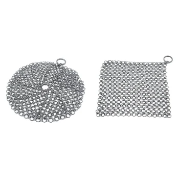 

NEW-Stainless Steel Cleaner Chainmail Cleaning Scrubber with Hanging Ring for Cast Iron Pan and More Pot -Square&Round,7 In