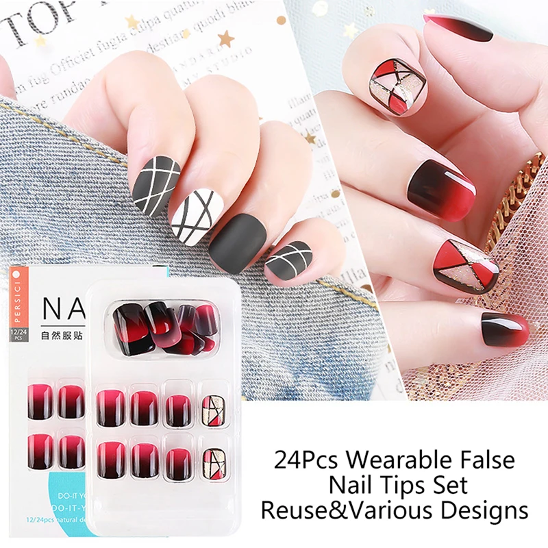 

12Style 24Pcs Geometry Long Fake Nails Full Cover Nail Art False Nails Stickers
