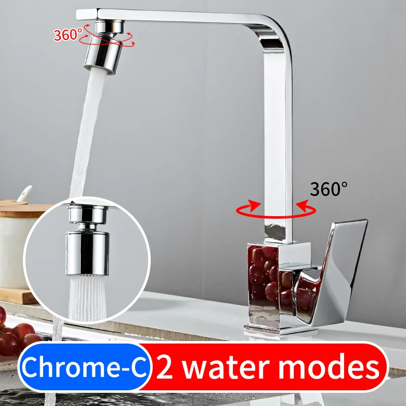 Chrome-C Смеситель для кухни из черной латуни с поворотом на 360 градусов, смеситель для кухонной раковины, 2 режима работы с одной ручкой, кран для горячей и холодной воды - Цвет: Chrome-C