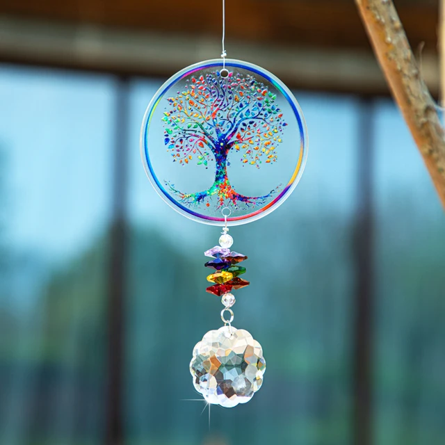 H&D Chakra Életfa Suncatcher Kézzel Készített Kristály Mandala Prizma Dekoráció Ablakautó Fali Művészet Függő Dísz Otthoni Iroda Számára