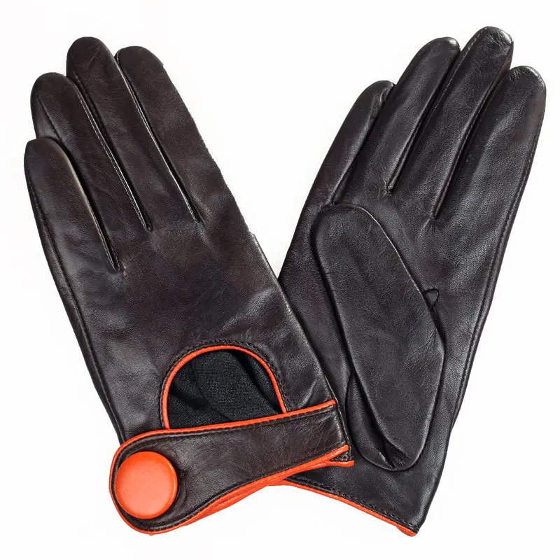dark brown orange Настоящие кожаные женские перчатки на запястье с большой пуговицей тонкие короткие стильные высококачественные женские перчатки из овчины модные элегантные EL028NN-1 - Цвет: dark brown orange
