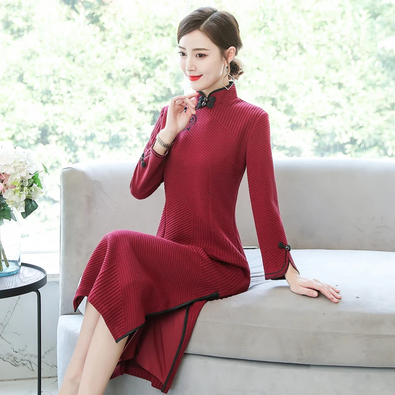 female aodai elegant bridesmaid improved cheongsam women split long sleeve qipao wedding party dress vestidos chinese style - Цвет: color1