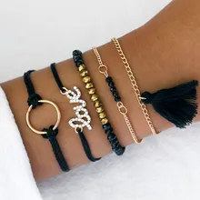 DIEZI новые богемные черные бусины Веревка горный хрусталь браслет наборы для женщин Boho массивные круглые браслеты с кисточкой ювелирные изделия