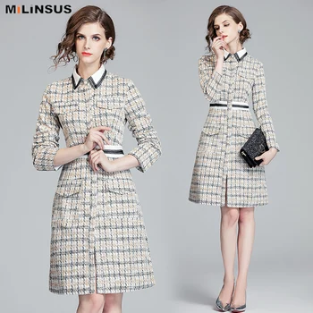 

Elegant plaid women dress slim vintage party midi dresses female fashion patchwork vestido fall Winter 2019 women's clothing