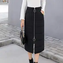 Большие размеры 3XL женские зимние юбки спереди на молнии, с завышенной талией теплые пуховые хлопковые зимние юбки до середины икры длинная юбка