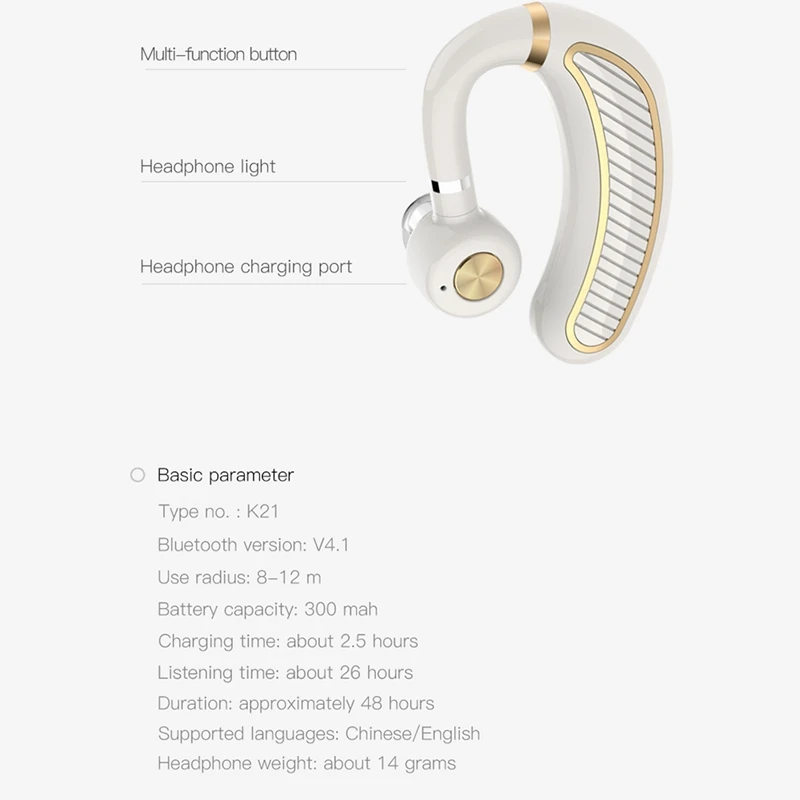 K21 Bluetooth Headphones 5 0 Vehicle Mounted Ear Mounted Super Long Standby Auto Broadcast Number White 