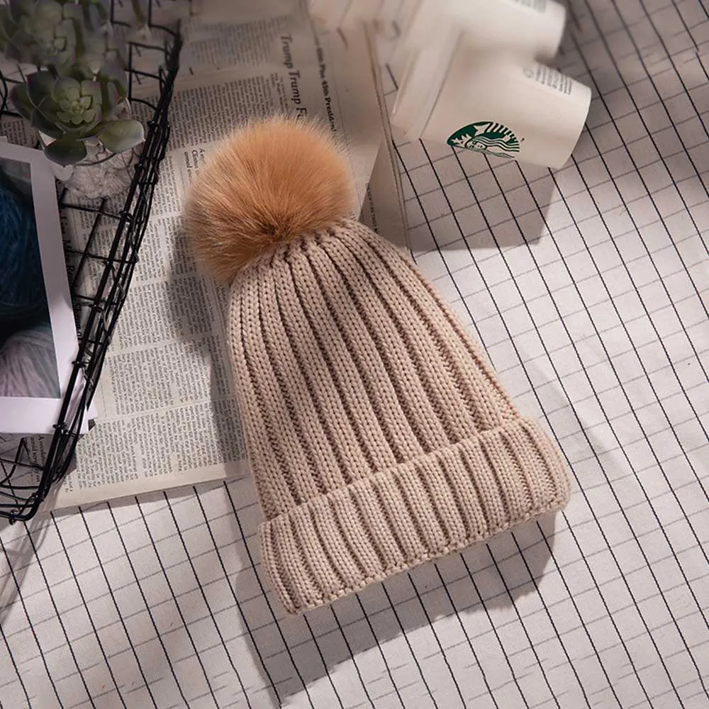 Fox hair Khaki Женская зимняя шапка, вязаные шапки для женщин, утолщенная теплая шапка с лисьим мехом, Вязаная Шапка-бини, женская мягкая Soild Skullies Hat - Цвет: Fox hair Khaki