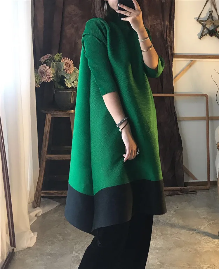 Pleated new early autumn Korean large women's temperament 7-sleeve A-line dress women's medium length