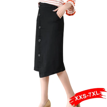 

Plus Size Elastic Waist Front Button Irregular Black Midi Bodycon Jeans Skirts 3Xl 6Xl Spring Streetwear Denim Pencil Skirt