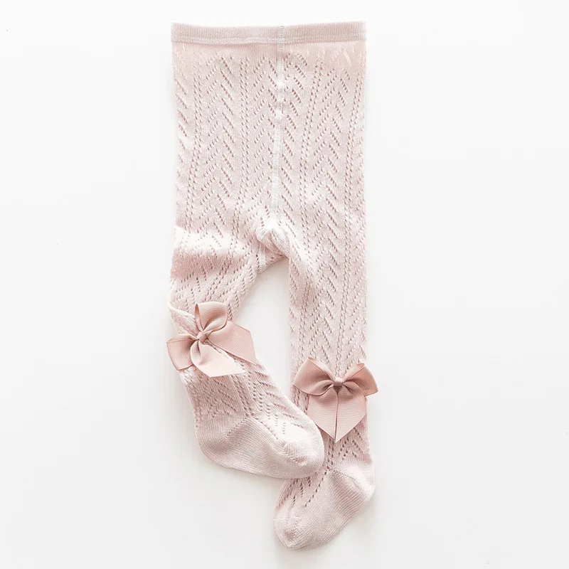 Summer Spanish Style Baby Girls Tights Hollow Breathable Infant Bowknot Pantyhose Soft Cotton For 0-3 Years Toddler Kids Pants
