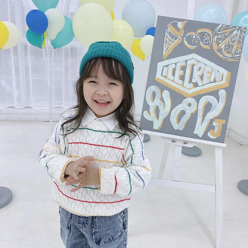 

Children Thin Sweater 2020 Spring Clothing New Style BOY'S Stripes Childrenswear Korean-style Weep Yafeng Girls Rainbow Sweater