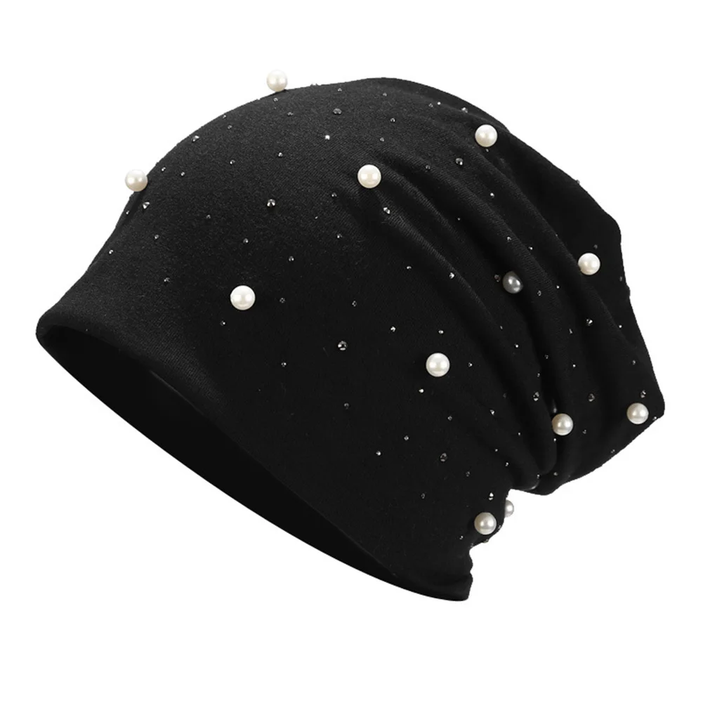 Женская Шапка-бини, свободный размер, модная, для взрослых, блестящая, с жемчугом, эластичная, повседневная, украшенная стразами, осенняя, элегантная, хлопковая, смешанная