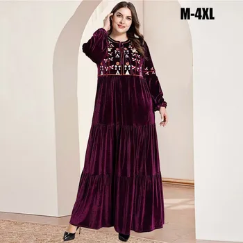

2020 Adult Velvet Long Dress Indie Folk Embroidery Muslim Abaya Casual Islamic Clothing for Women Dubai Abaya Ankle-Length