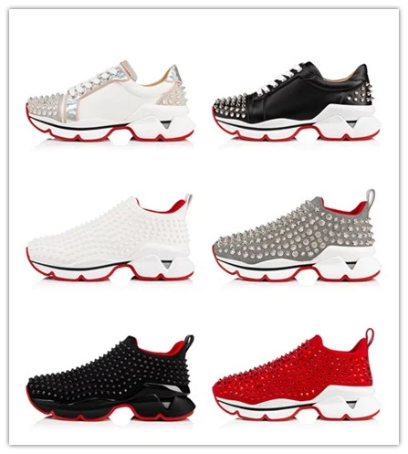 

2019 Men Women Shoes OLOMLB Red Bottom Low Cut Sneaker Shoes Cowhide Rivet Casual Couple Models Flat Loafers Size 36-45
